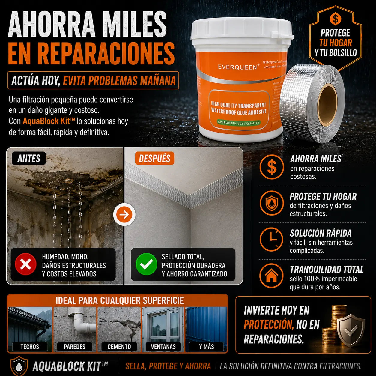 AquaBlock Kit™ – Elimina Filtraciones para Siempre con Pegamento + Cinta Impermeable 5x5