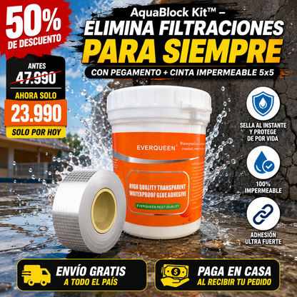 AquaBlock Kit™ – Elimina Filtraciones para Siempre con Pegamento + Cinta Impermeable 5x5